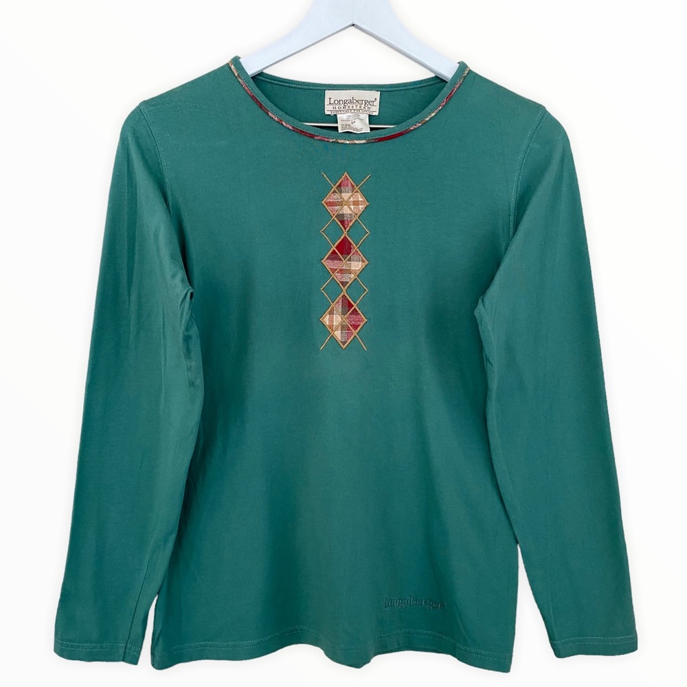 Longaberger Sage‎ Green Argyle Plaid Embroidered Long Sleeve Top Size Small